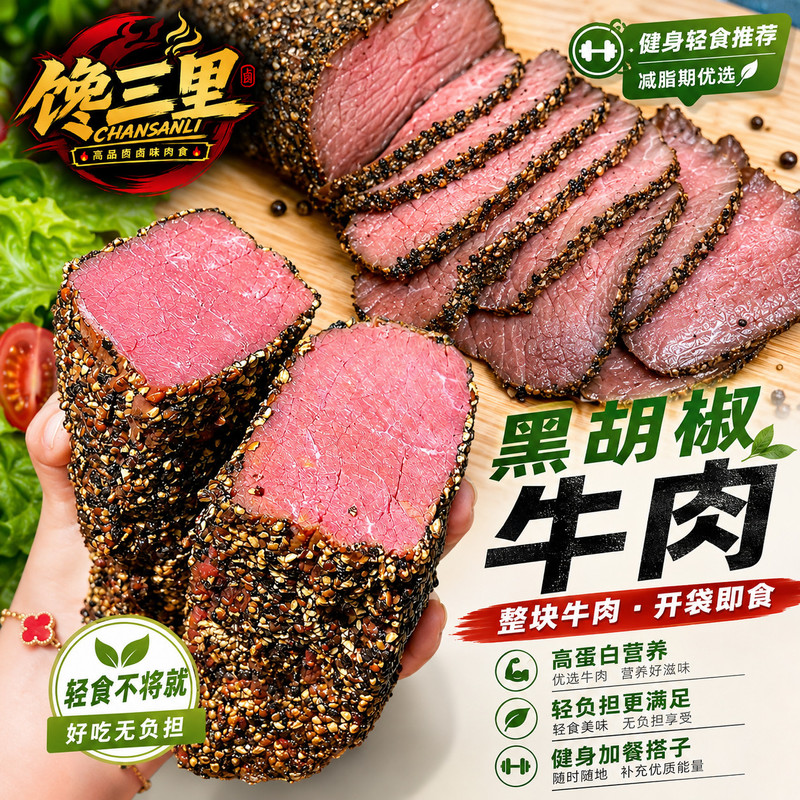 大块即食黑胡椒牛肉轻食沙拉西餐健身食材高蛋白黑胡椒牛肉速食