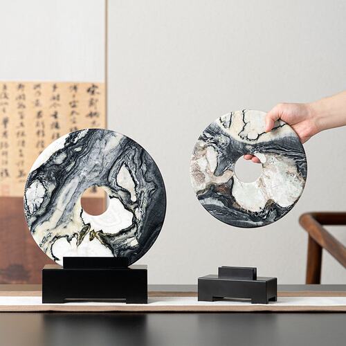 高档轻奢天然大理石同心圆玉扣装饰品样板房间书房电视柜壁龛摆件