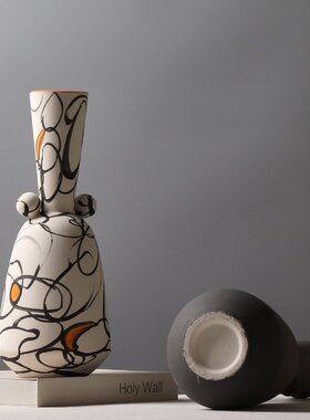 现代简约创意手绘陶瓷花瓶 设计师样板房家装装饰品插干花摆件 潮
