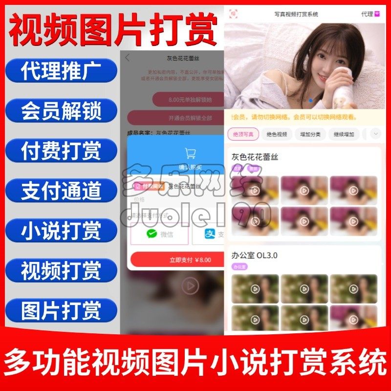 写真图片视频打赏系统知识付费在线点播付费包时包月代理分销源码