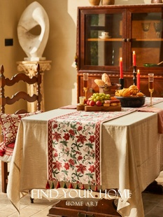 轻奢复古红色 新年氛围感装 美式 定制蜡笔派陌上花桌旗 饰茶几台布