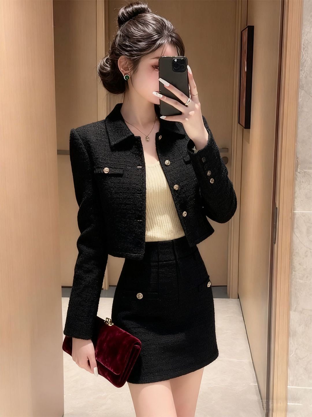 小香风黑色短款外套半身裙两件套女金属扣翻领气质高级感百搭套装