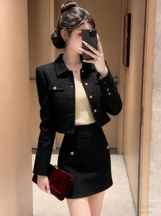 小香风黑色短款 外套半身裙两件套女金属扣翻领气质高级感百搭套装