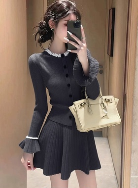 法式小香风灰色针织套装女2025新款秋季ootd穿搭上衣半身裙两件套