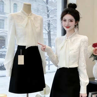 春季新款玫瑰花蕾丝衬衫女2026春季新款立领钉珠蝴蝶结长袖上衣