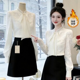 2026法式气质蕾丝加绒保暖衬衫女秋冬高级感蝴蝶结飘带钉珠上衣