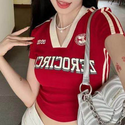 跨境欧美风2024春夏季新款女装纯色修身露脐时尚V领印花短袖T恤女