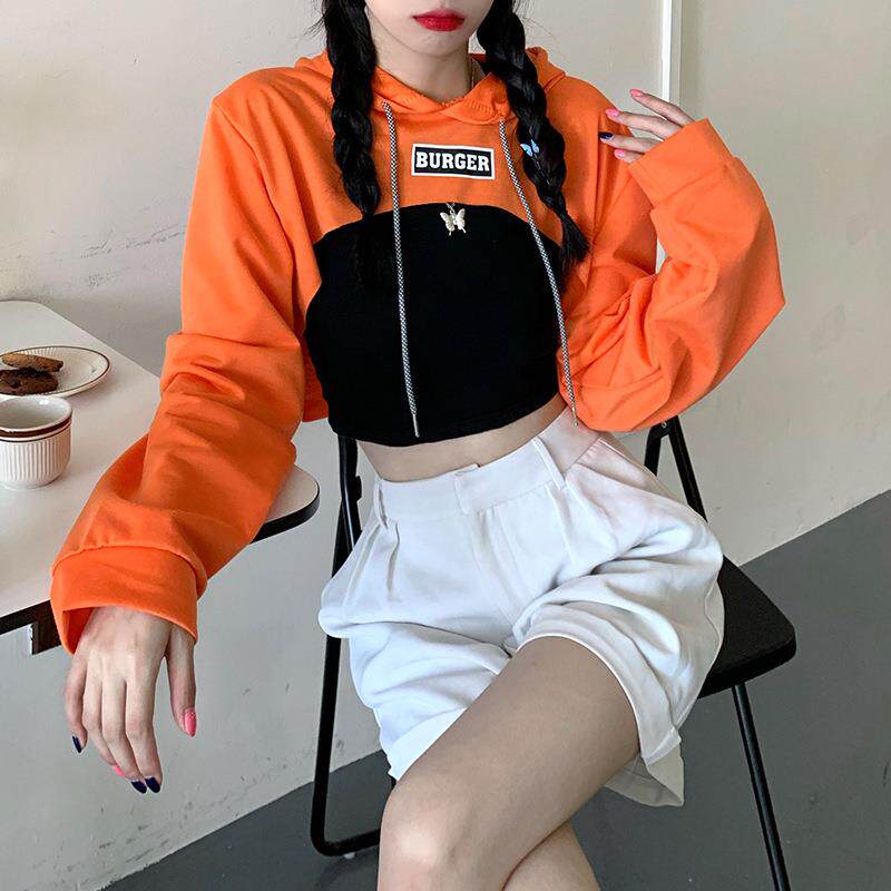 2021新款初秋宽松薄款超短款连帽卫衣女高腰露脐街舞长袖上衣