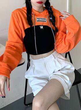 2021新款初秋宽松薄款超短款连帽卫衣女高腰露脐街舞长袖上衣