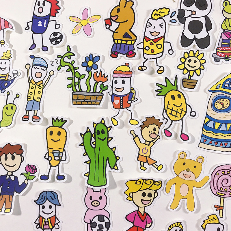 儿童卡通涂鸦动漫人物小伙伴贴纸自粘彩色儿童创意成长相册贴画