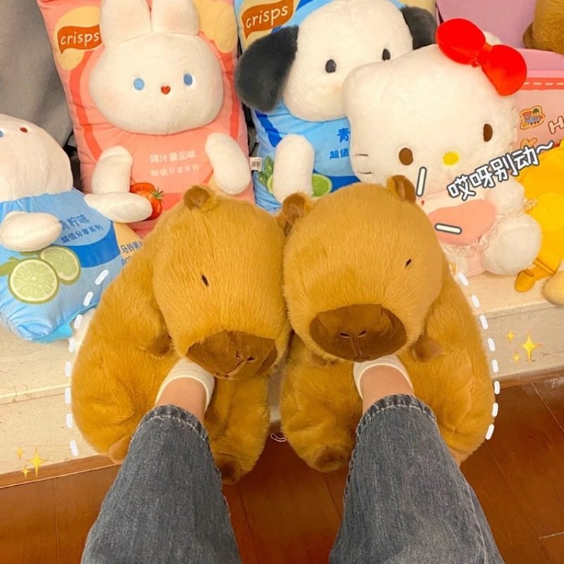 卡皮巴拉拖鞋儿童女童棉包跟厚底可爱室内情侣搞怪冬天毛茸茸鞋