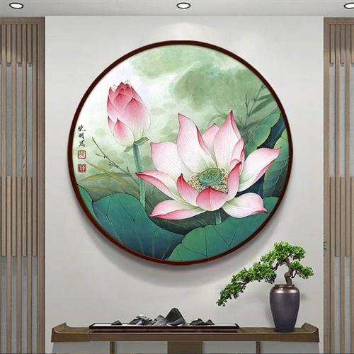 荷花装饰画圆形挂画新中式客厅玄关图墙面背景墙茶室禅意莲花壁画图片