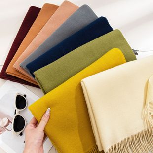 蓝色围巾女生氛围感冬季百搭纯色长仿羊绒流苏披肩围脖scarf优雅