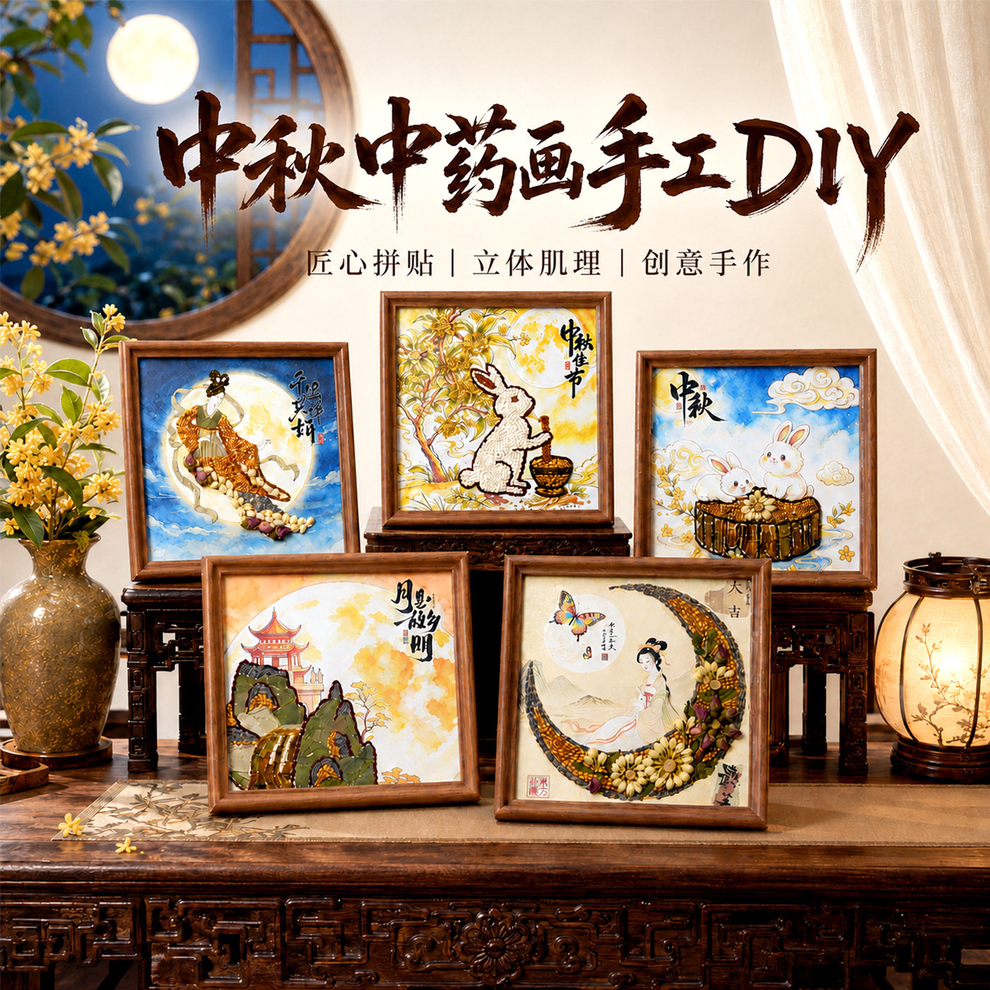 中秋节手工diy材料包中草药相框画儿童创意粘贴画中药画沙龙手作