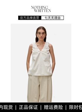 【现货】NOTHING WRITTEN新款背心宽肩带褶皱V领无袖套头白色上衣
