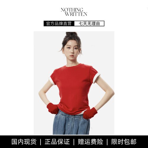 【现货】NOTHING WRITTEN红色短款女装圆领T恤女正肩纯棉红短袖