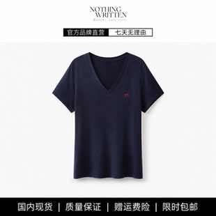 【现货】NOTHING WRITTEN短袖T恤含天丝微透V领显瘦刺绣休闲上衣