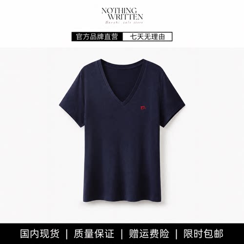 【现货】NOTHING WRITTEN短袖T恤含天丝微透V领显瘦刺绣休闲上衣