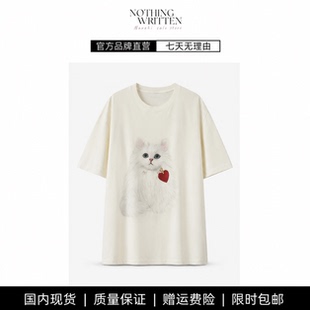 【现货】NOTHING WRITTEN短袖T恤萌宠猫印花宽松落肩圆领宽松上衣