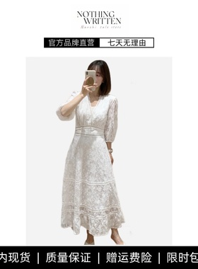 【现货】NOTHING WRITTEN七分袖法式蕾丝连衣裙女夏季白色婚礼V领