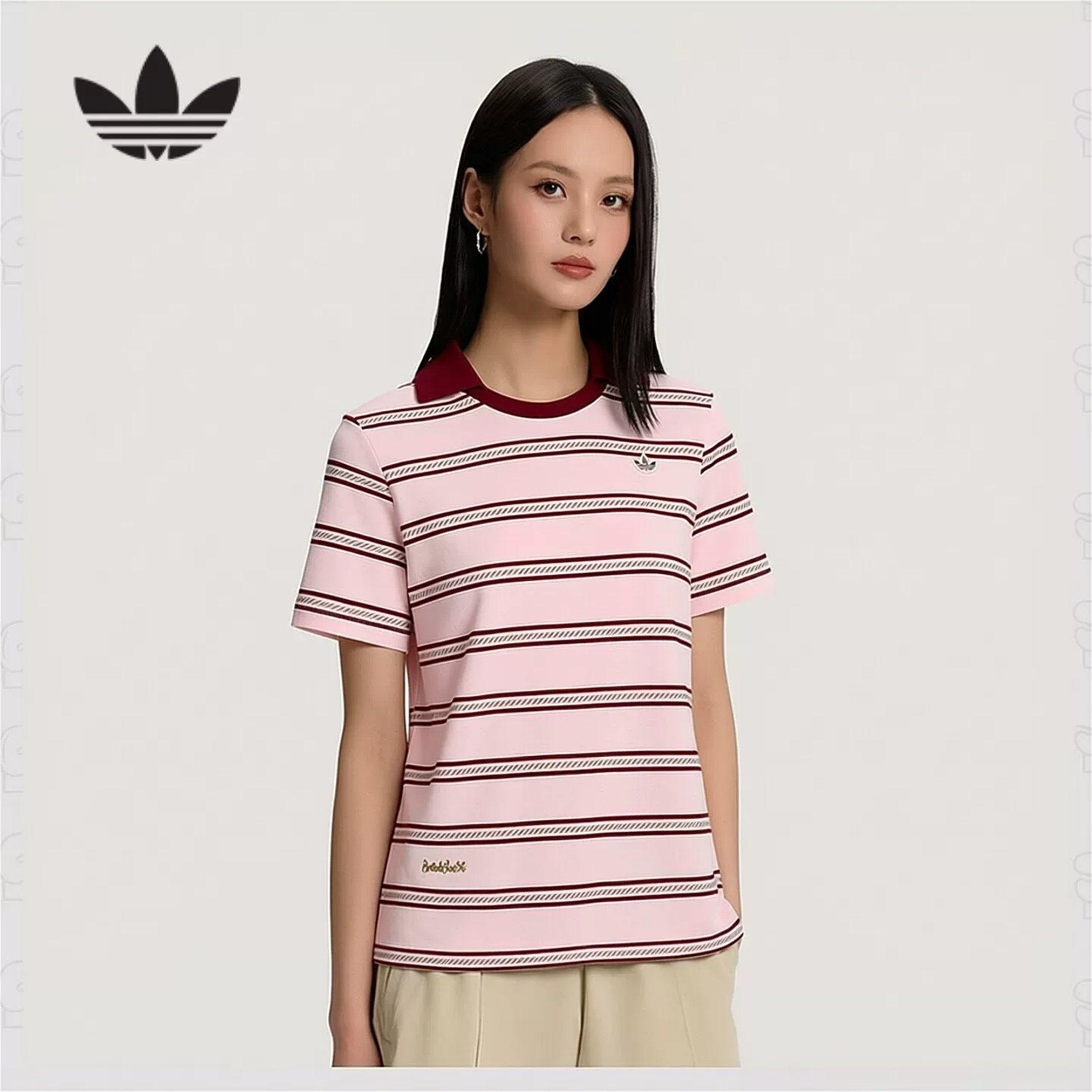 adidas阿迪达斯三叶草女子时尚条纹运动休闲polo领短袖T恤KX0741