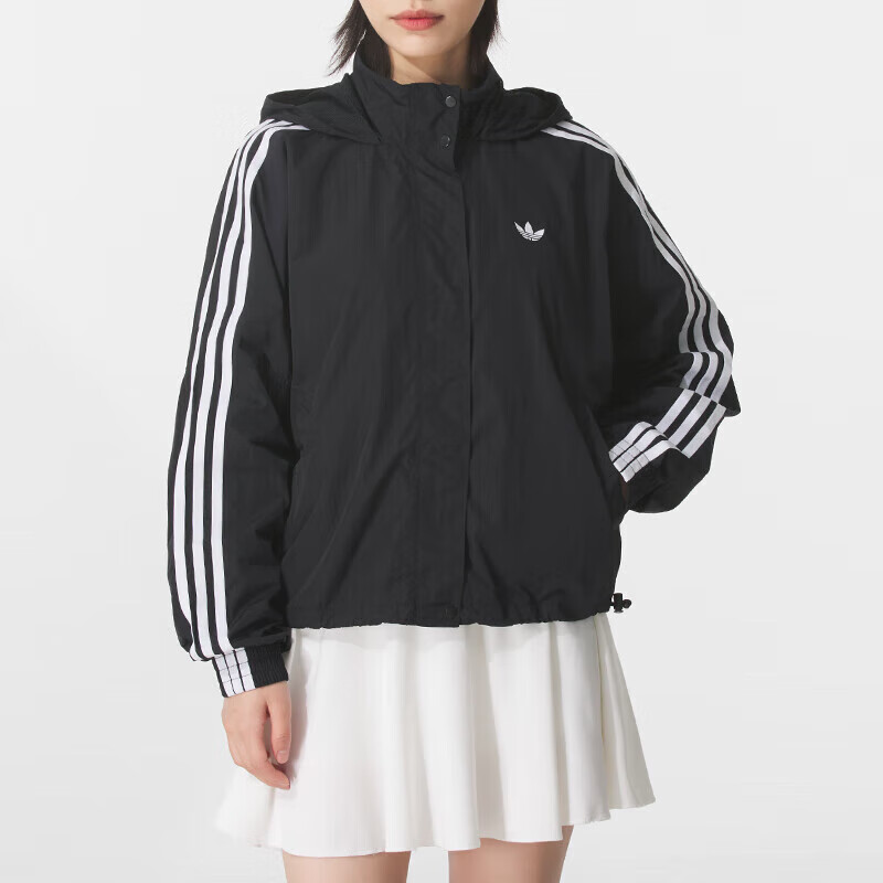 滔搏adidas阿迪达斯三叶草女子三条纹运动休闲连帽夹克外套JX1451