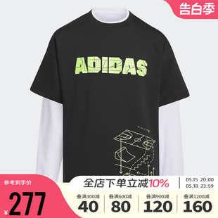 Adidas阿迪达斯男童装 二合一运动休闲长袖 新款 2024夏季 T恤IN6552