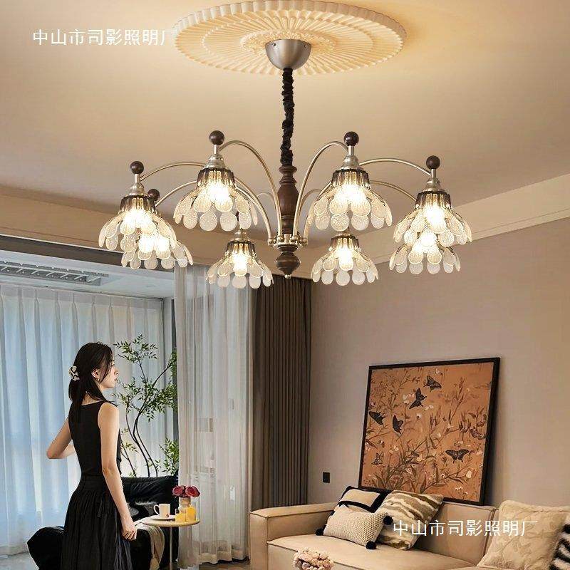 美式复古客厅吊灯卧室花瓣玻璃吊灯法式中古实木书房餐厅灯具2026,3C数码配件,USB灯,淘宝优惠券,粉丝福利购,淘宝优惠卷