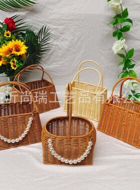 藤编盒子伴手礼婚礼结婚伴娘女竹篮子复古仿藤编织伴手礼手提篮子