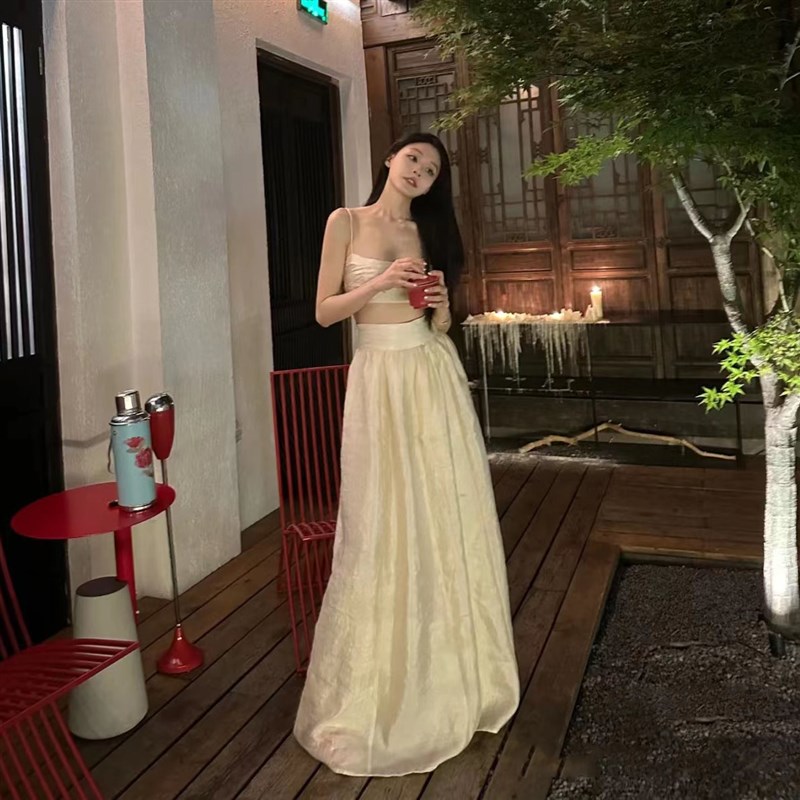 设计感纯欲褶皱抹胸n吊带上衣高腰半身裙两件套礼服长裙超仙度假