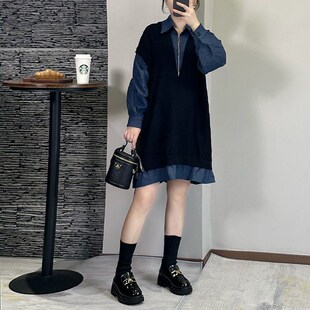 新款 假两件女装 2024秋冬季 大码 打.底连衣裙 时尚 裙子牛仔拼接长袖