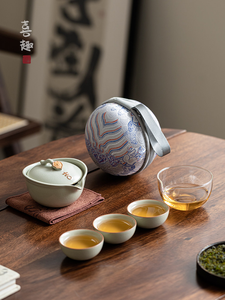 喜趣汝窑一壶三杯户外旅行茶具套装便携式一人用快客杯户外泡茶壶,餐饮具,旅行茶具,淘宝优惠券,粉丝福利购,淘宝优惠卷