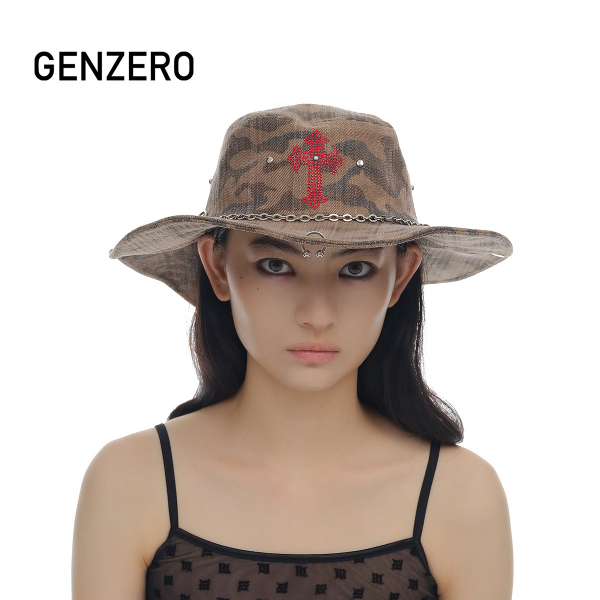 GENZERO「Boy」西部牛仔渔夫帽迷彩烫钻十字架平顶盆帽男女帽子