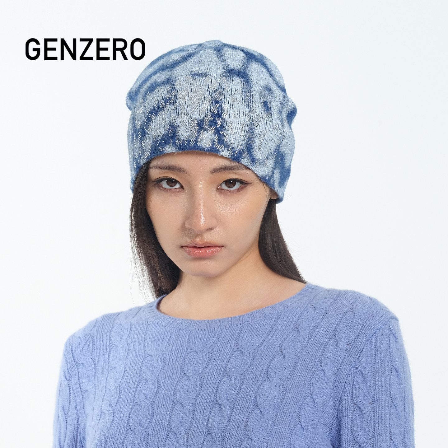 GENZERO「didi」蓝色针织帽豹纹烫钻印花毛线帽男女同款冷帽