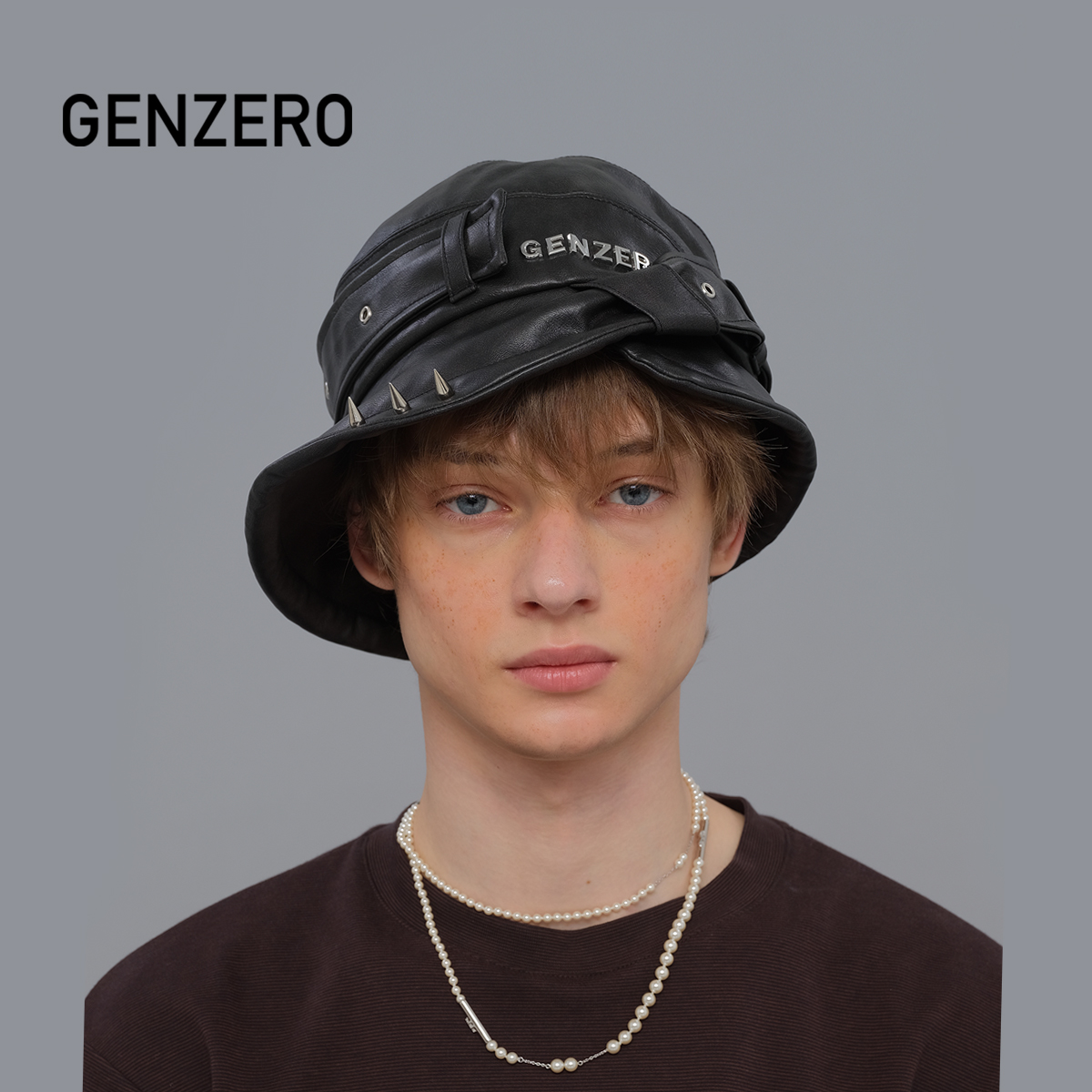 皮质多色铆钉渔夫帽GENZERO