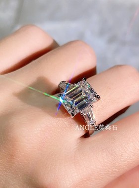 祖母绿形莫桑石钻i戒女款戒指18K白金彩金5/10克拉全美方钻T方大