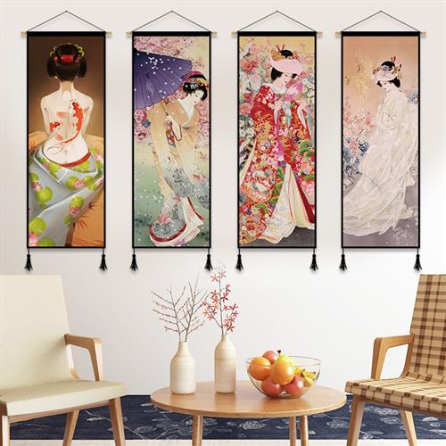 新品日式仕女画布艺挂画和风背景墙装饰画网红壁毯挂毯玄关卧室挂图片