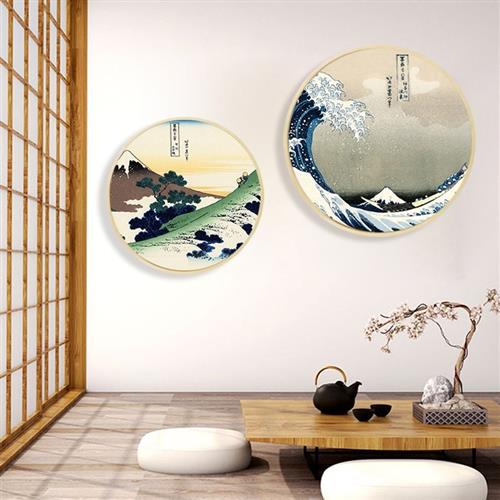 日式餐厅装饰画圆形和风浮世绘挂画料理店背景墙面创X意玄关壁画图片