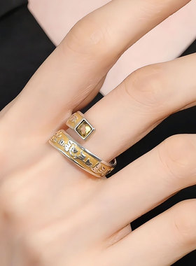 复古做旧925银黄财神心咒戒指