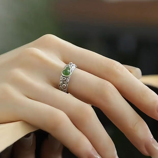 碧玉葫芦925银戒指 女新中式国风复古祥云花纹高级感可调节食指戒