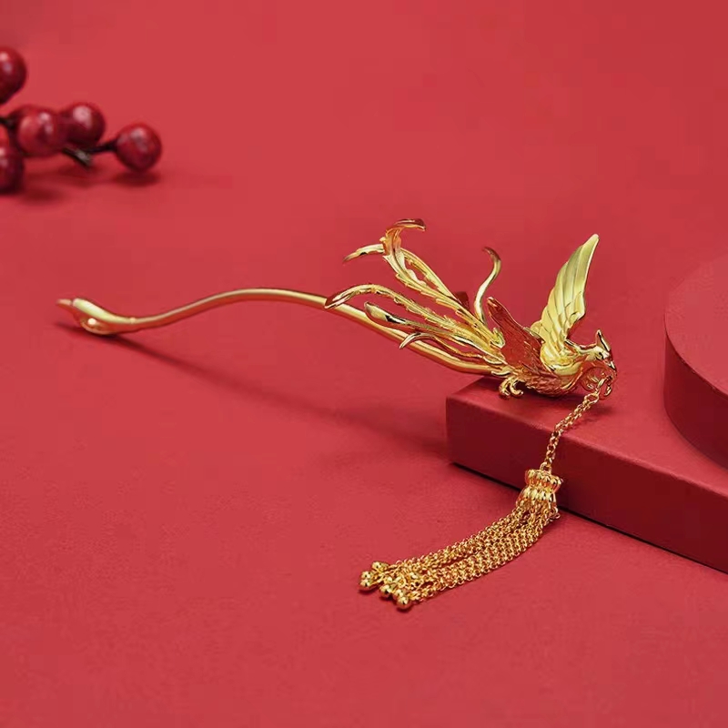 凤凰于飞925银冠发钗簪子新中式风格女新娘流苏步摇婚礼汉服发簪