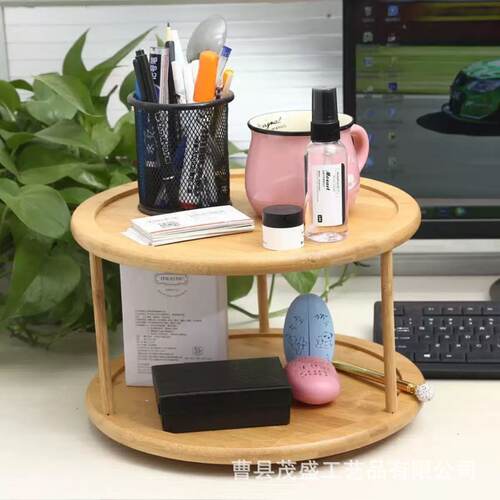 现货木质双层旋转调料架桌面化妆品收纳架竹制厨房油罐香料置物架