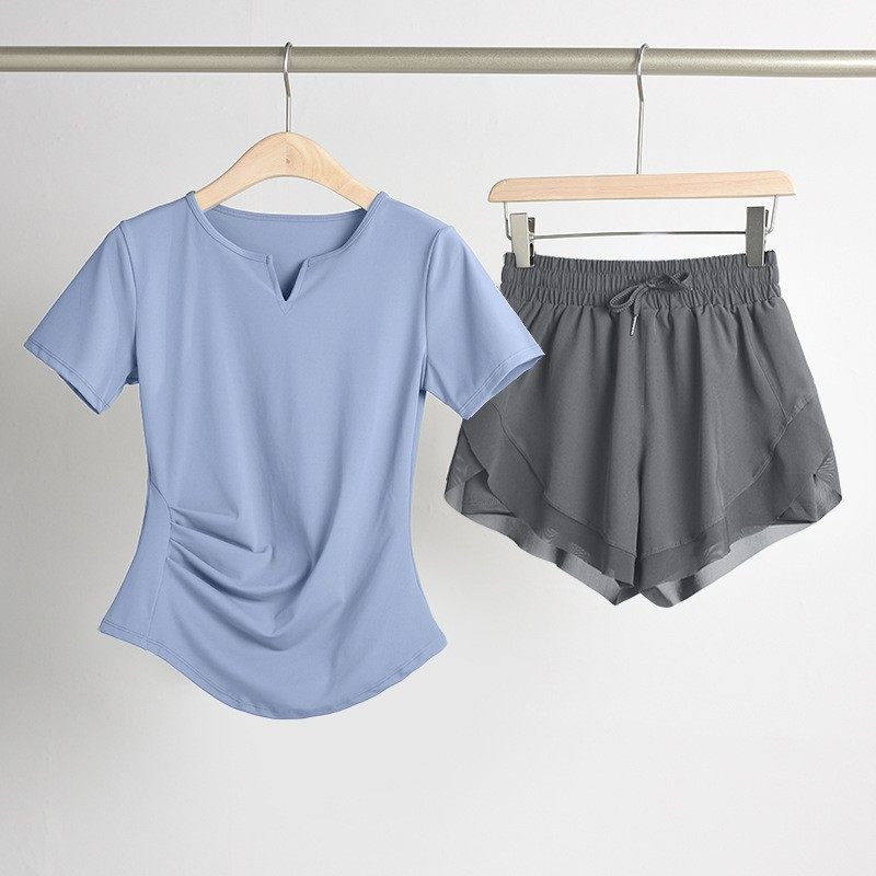 收腰瑜伽服女跑步运动上衣显瘦v领短袖t恤速干透气健身服套装夏,运动服/休闲服装,健身套装,淘宝优惠券,粉丝福利购,淘宝优惠卷