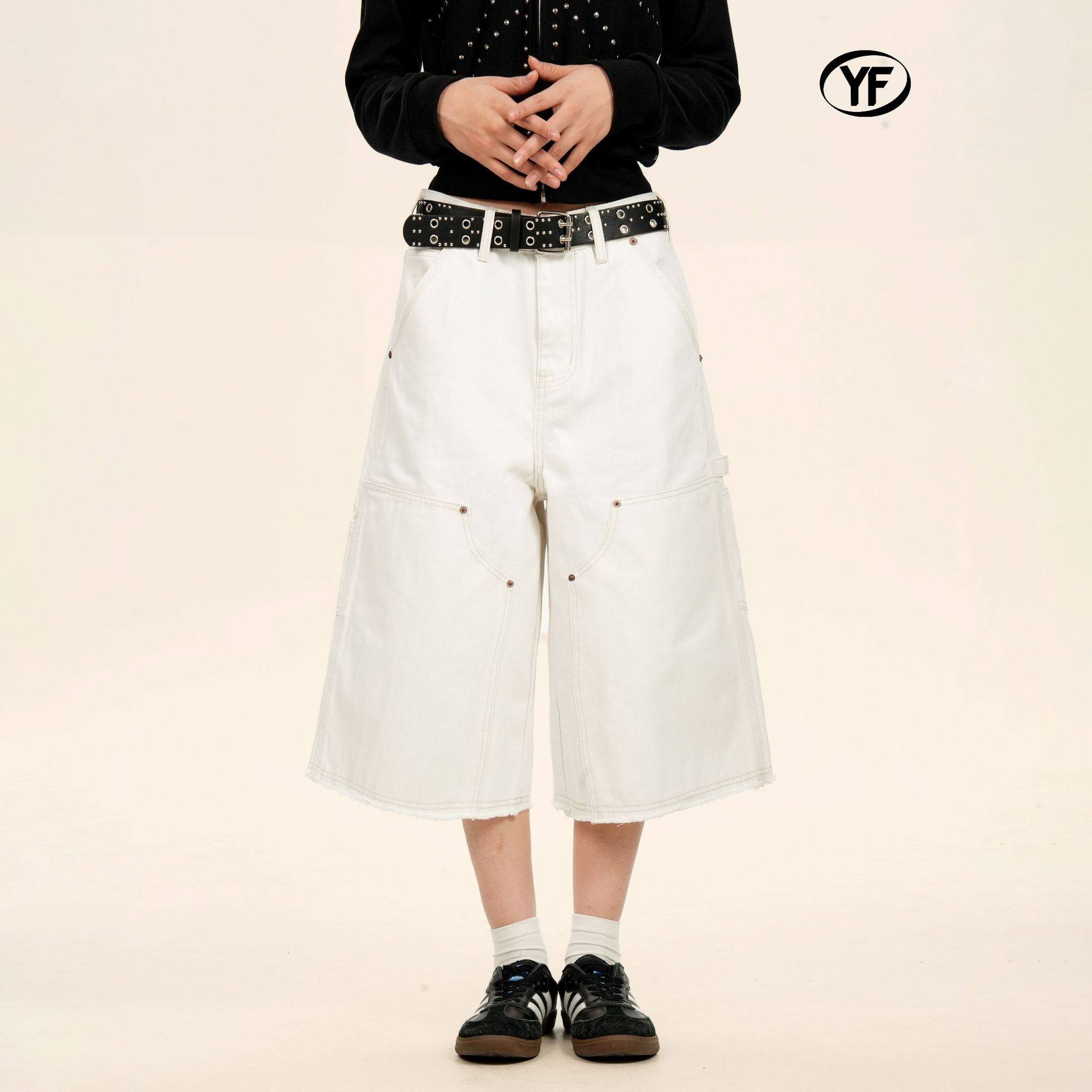 永坊美式高街贴布柳钉七分裤设计感宽松纯色直筒男女vibe工装短裤,男装,短裤,淘宝优惠券,粉丝福利购,淘宝优惠卷