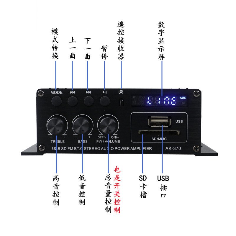 跨境热销AK-370蓝牙功放机 家用K歌车载音频播放设备12V功放机图片