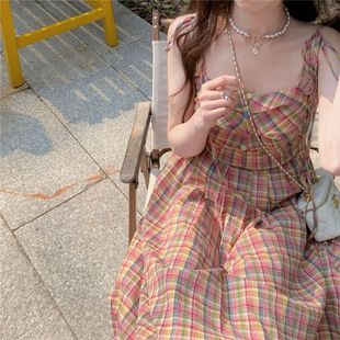 彩虹格子连衣裙夏天超仙外穿长裙子夏天古着吊带裙夏季海边度假风