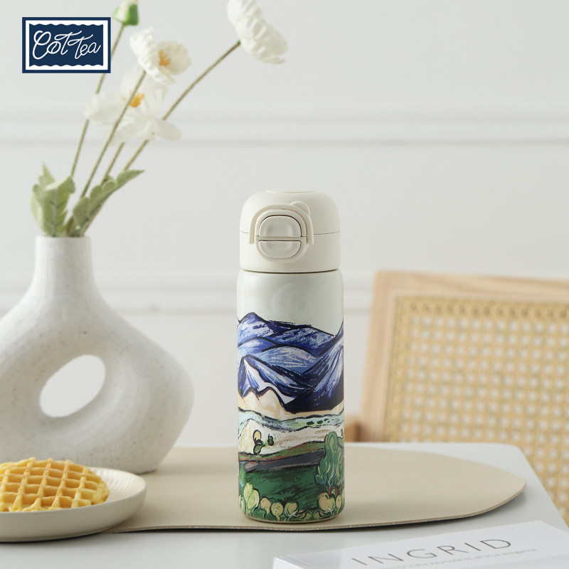 山景油画弹跳双饮带吸管保温杯新款316不锈钢真空杯学生便携水杯
