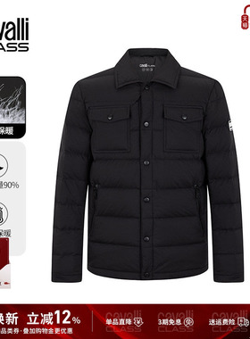 Cavalli Class卡沃利男装冬季新款黑色简约衬衫领羽绒服休闲外套