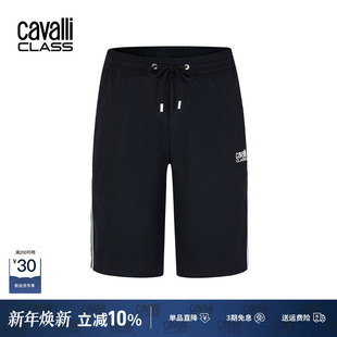 男刺绣LOGO运动休闲短裤 CavalliClass卡沃利夏季 透气竖条纹五分裤