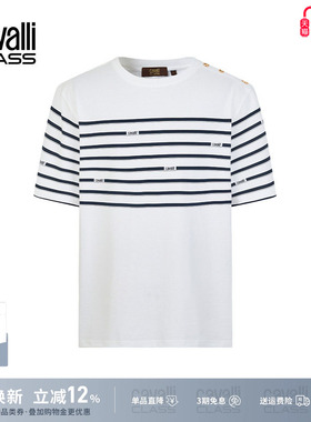 Cavalli Class卡沃利条纹印花圆领t恤女装宽松纯棉短袖显瘦上衣潮